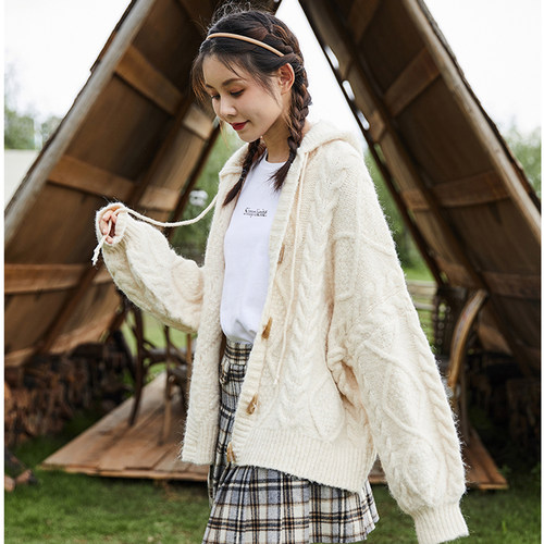 唐狮春秋开衫毛衣女连帽复古日系