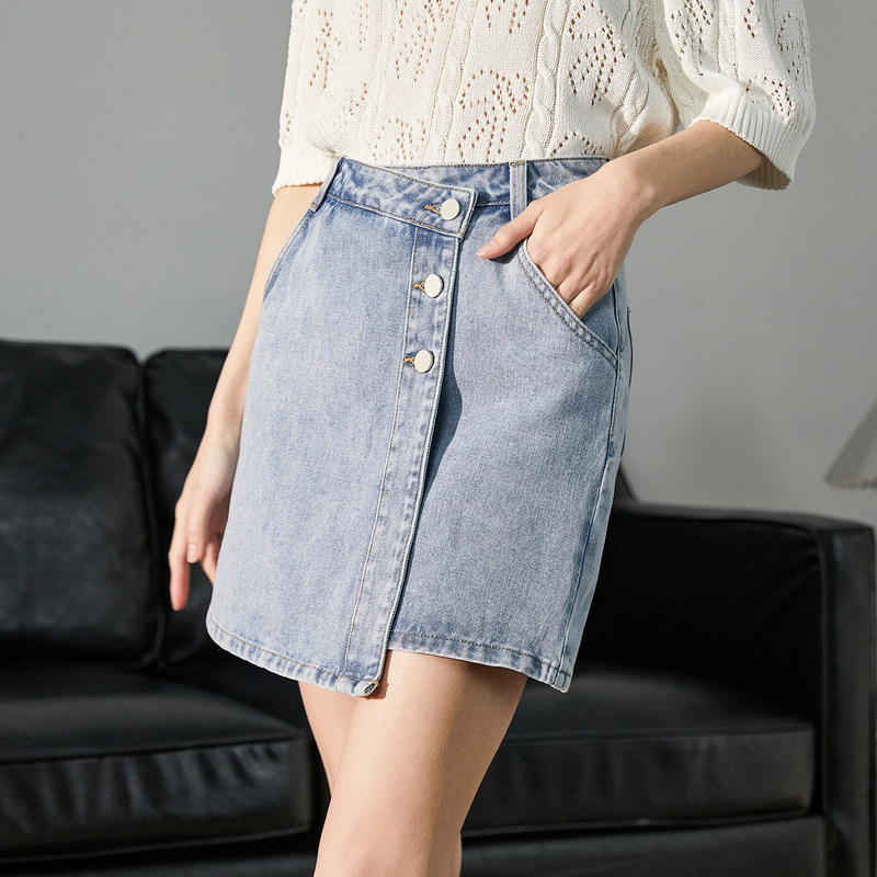 唐狮夏季牛仔半身裙不规则短裙设计小众高腰不对称错边a字包臀裙