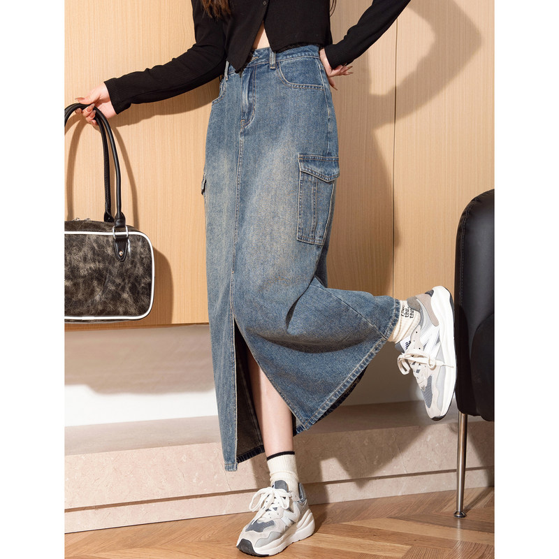 唐狮春夏季新款女半身裙休闲日常牛仔蓝色百搭开叉a字长裙TE