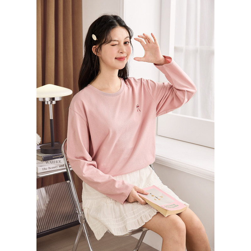 唐狮圆领白色T恤女新款秋冬内搭长袖上衣女宽松甜美打底衫潮TE