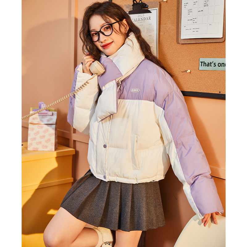 唐狮女装棉衣围脖款新拼接撞色短款棉服外套上衣时尚流行小