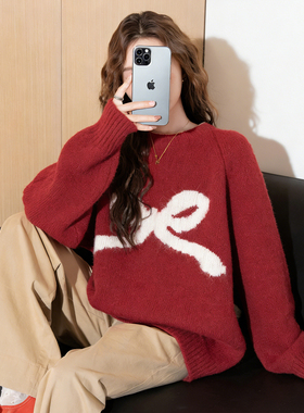 唐狮红色圆领毛衣女2026新款针织衫贺岁红内搭套头短款新年上衣VB