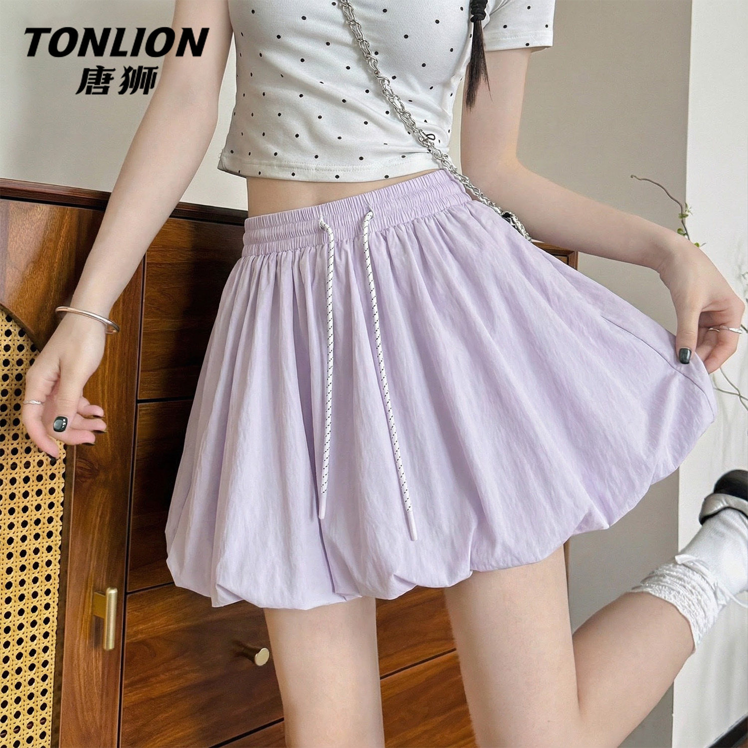 唐狮官方紫色花苞短裙2026新款夏季高腰防走光a字蓬蓬半身裙女V