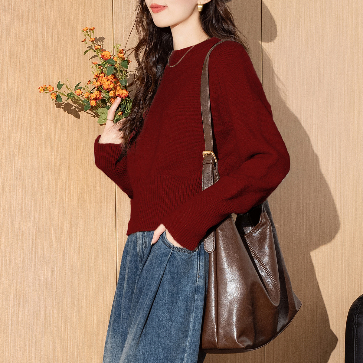 唐狮秋冬季毛衣女收腰宽松简约风设计圆领套头外穿休闲风百搭TU