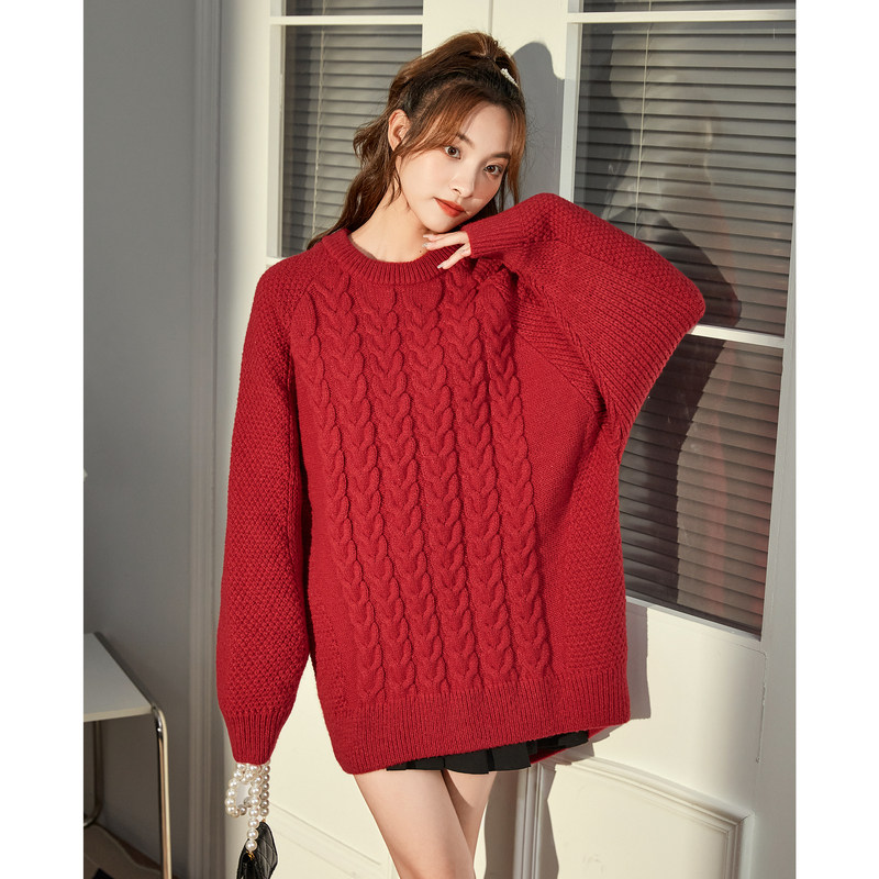 唐狮奶系麻花毛衣女士春秋新款纯色圆领毛衣线衫宽松慵懒风毛衣潮