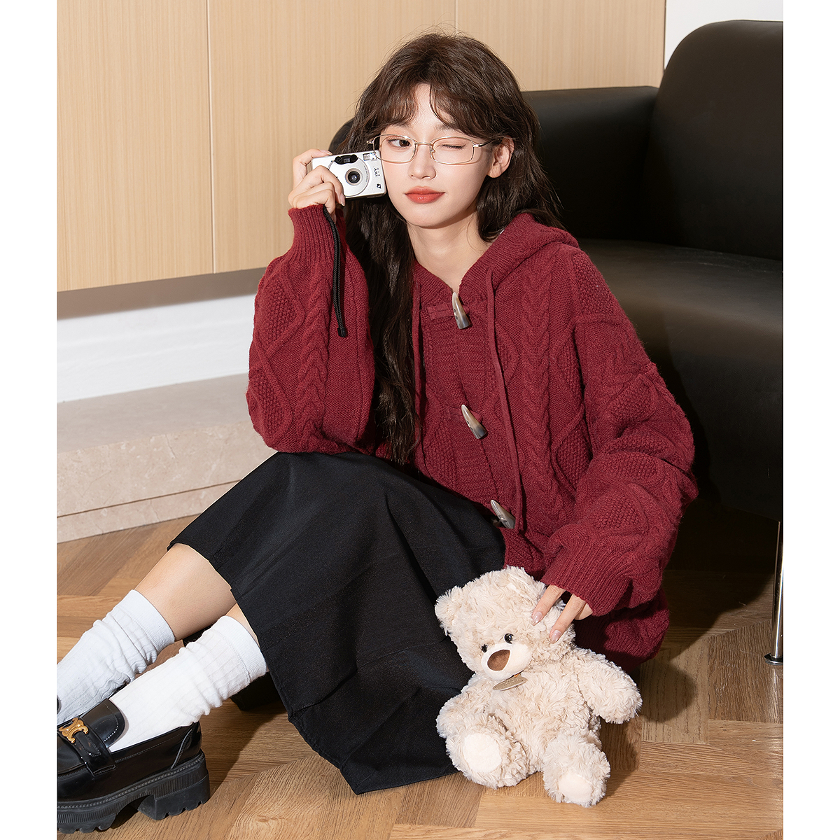 唐狮秋冬季毛衣开衫女连帽绞花仿