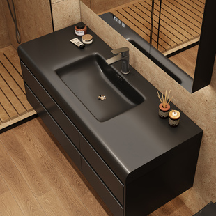 意式 极简黑洗手盆一体浴室柜组合卫生间洗漱台洗脸池卫浴智能面盆