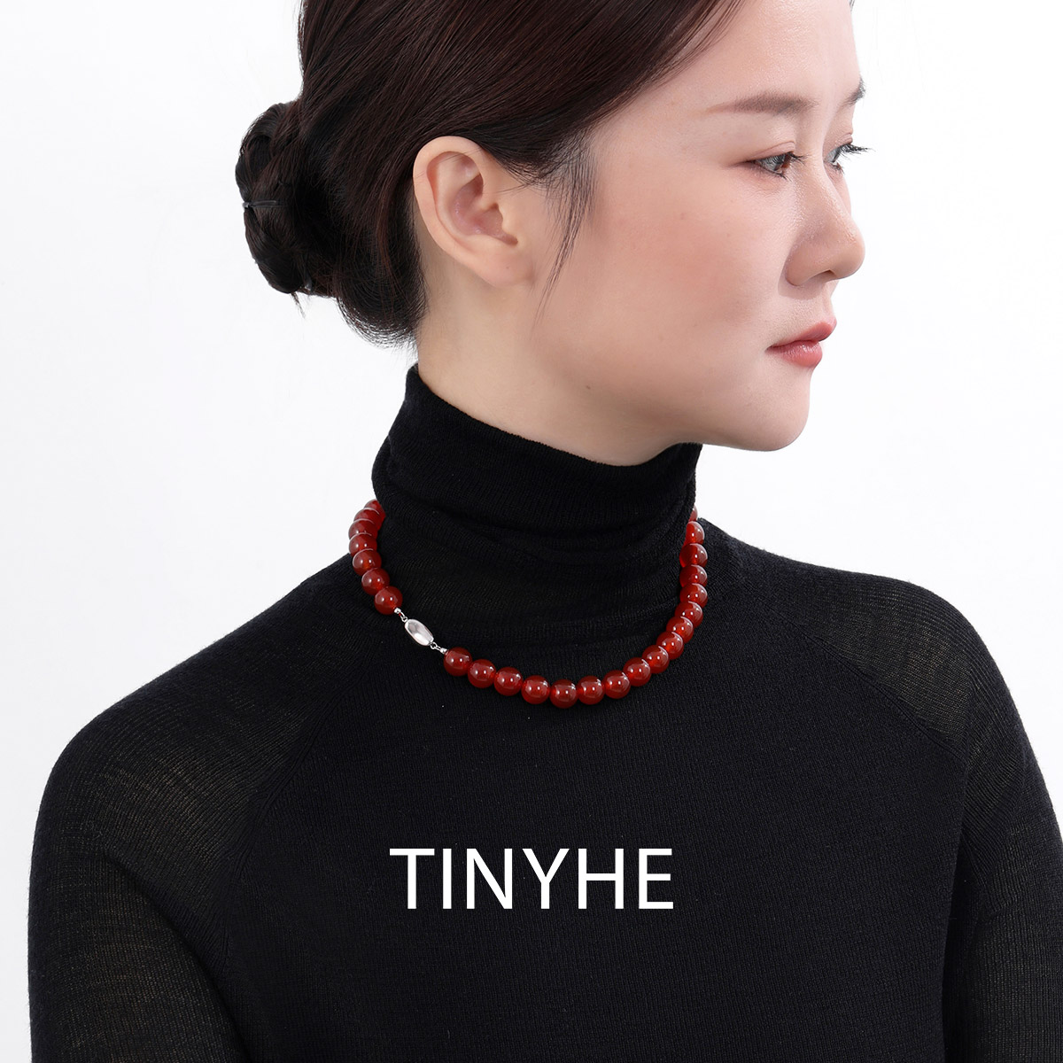 TINYHE米雪 天然红玛瑙纯银项链女红色秋冬气质锁骨链简约毛衣链
