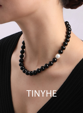 黑玛瑙淡水珍珠纯银项链高级感