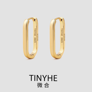 925纯银金色耳环女高级感方形耳饰几何耳圈秋冬独特小众气质耳扣