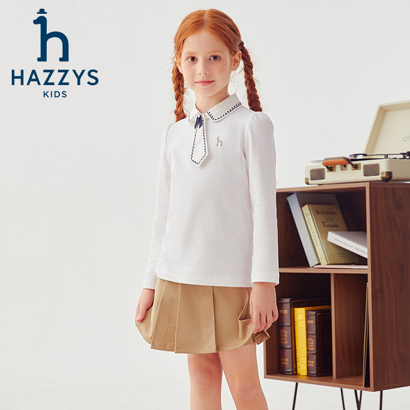 hazzys哈吉斯童装女童POLO衫秋新品可拆卸领带气质长袖T恤