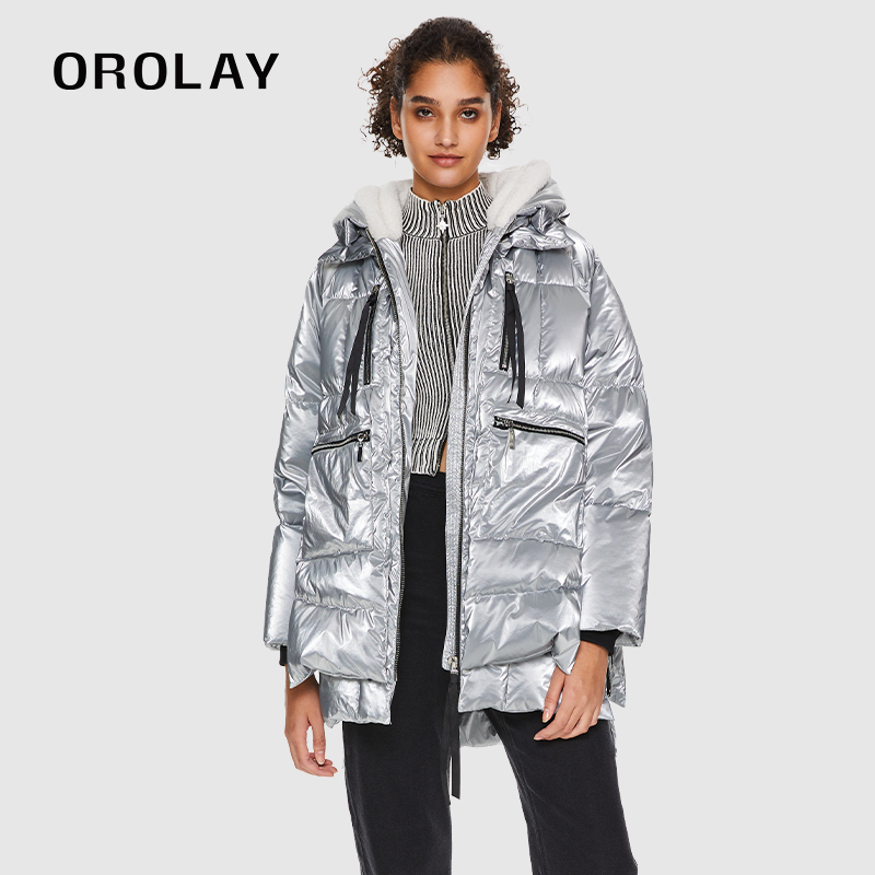 OROLAY工装风亮面中长连帽羽绒服