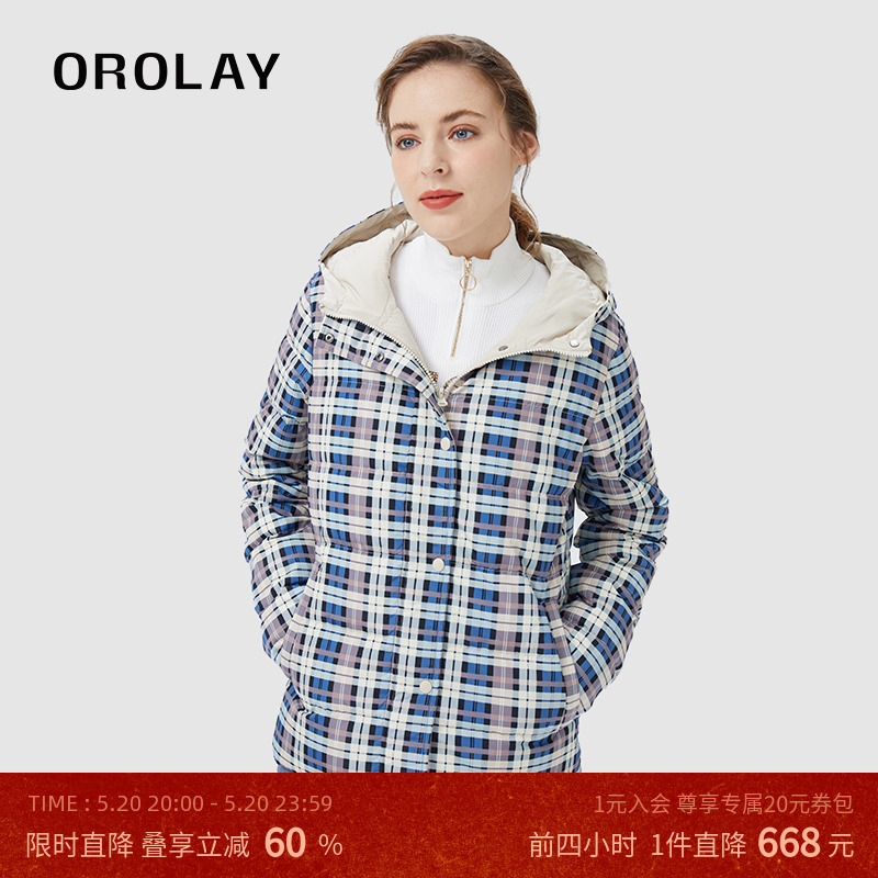 OROLAY欧绒莱23年新款短款羽绒服女韩版格子拼接白鸭绒羽绒外套 女装/女士精品 短外套 原图主图