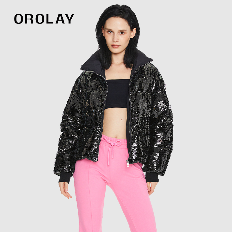 OROLAY短款立领亮片羽绒服