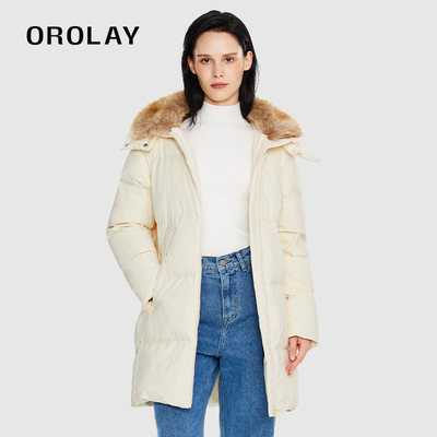 OROLAY休闲细腻连帽中长羽绒服