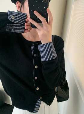 春秋冬季针织开衫女韩系减龄单排扣上衣外套撞色格纹拼接黑色毛衣