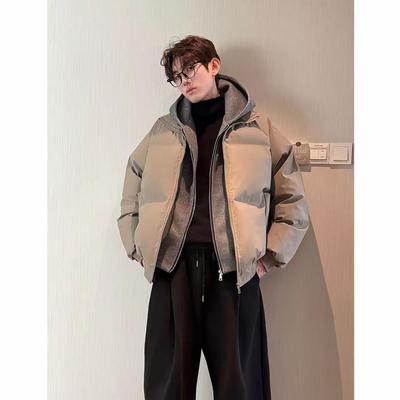 HN潮牌【假两件】冬季连帽PU皮双拉链加厚棉服男宽松保暖百搭棉衣