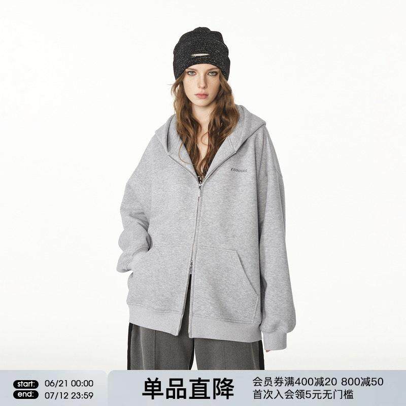 FORNINES重磅刺绣开衫灰色卫衣男女情侣衣服潮牌春秋连帽美式外套