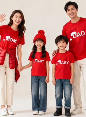 纯棉亲子装 ins速卖通爱心baby红色一家三四口短袖t恤亚马逊
