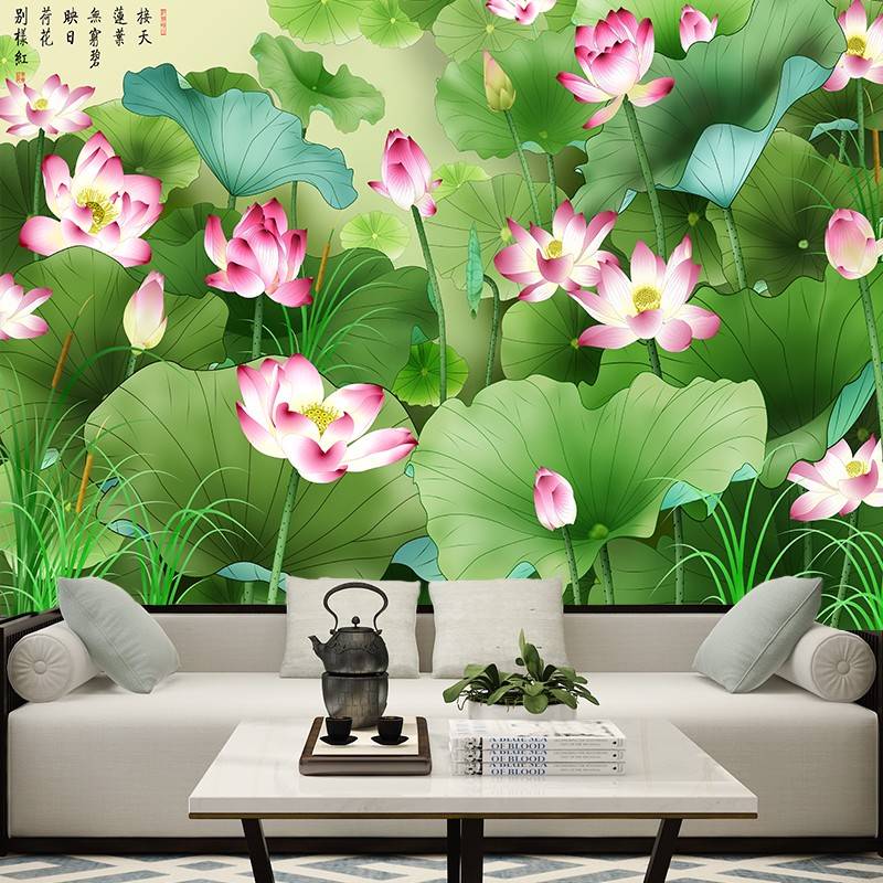 3d立体禅意莲花壁纸墙布茶室客厅电视背景墙民宿手绘荷花佛系壁画