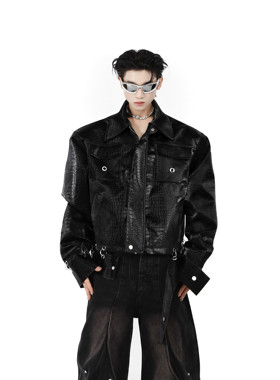 CulturE原创小众鳄鱼纹垫肩pu皮衣夹克拼接设计感外套高级上衣男