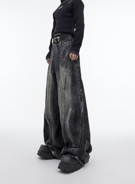 CulturE重磅复古做旧阔腿宽松牛仔裤小众手绘设计感休闲裤高腰裤