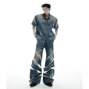 牛仔外套网纱拼接牛仔裤 ArguE CulturE重工小众镂空设计感短袖