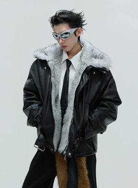 ArguE CulturE解构仿狼毛毛领加厚棉服外套冬季铆钉高领短款皮衣