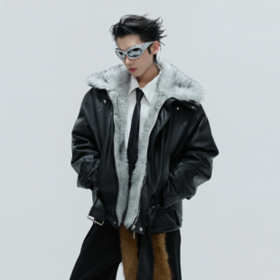 皮衣 铆钉高领短款 ArguE CulturE解构仿狼毛毛领加厚棉服外套冬季