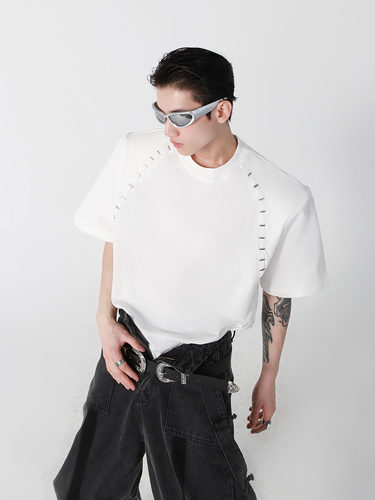 高级小众金属珠肩线设计垫肩短袖