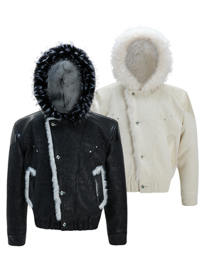 ArguE CulturE 窥探雪狼*拼皮撞色仿貂毛座山雕棉服加厚连帽外套