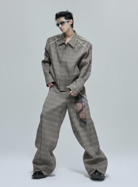 ArguE CulturE新贵小众珍珠设计千鸟格翻领短款夹克套装垂感西裤