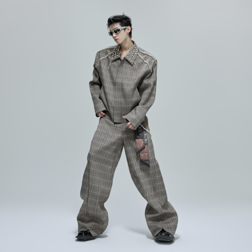 新贵小众珍珠设计千鸟格翻领夹克