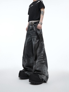 ArguE重磅小众复古做旧废土风宽松牛仔裤 夏 PU皮拼接破坏休闲裤