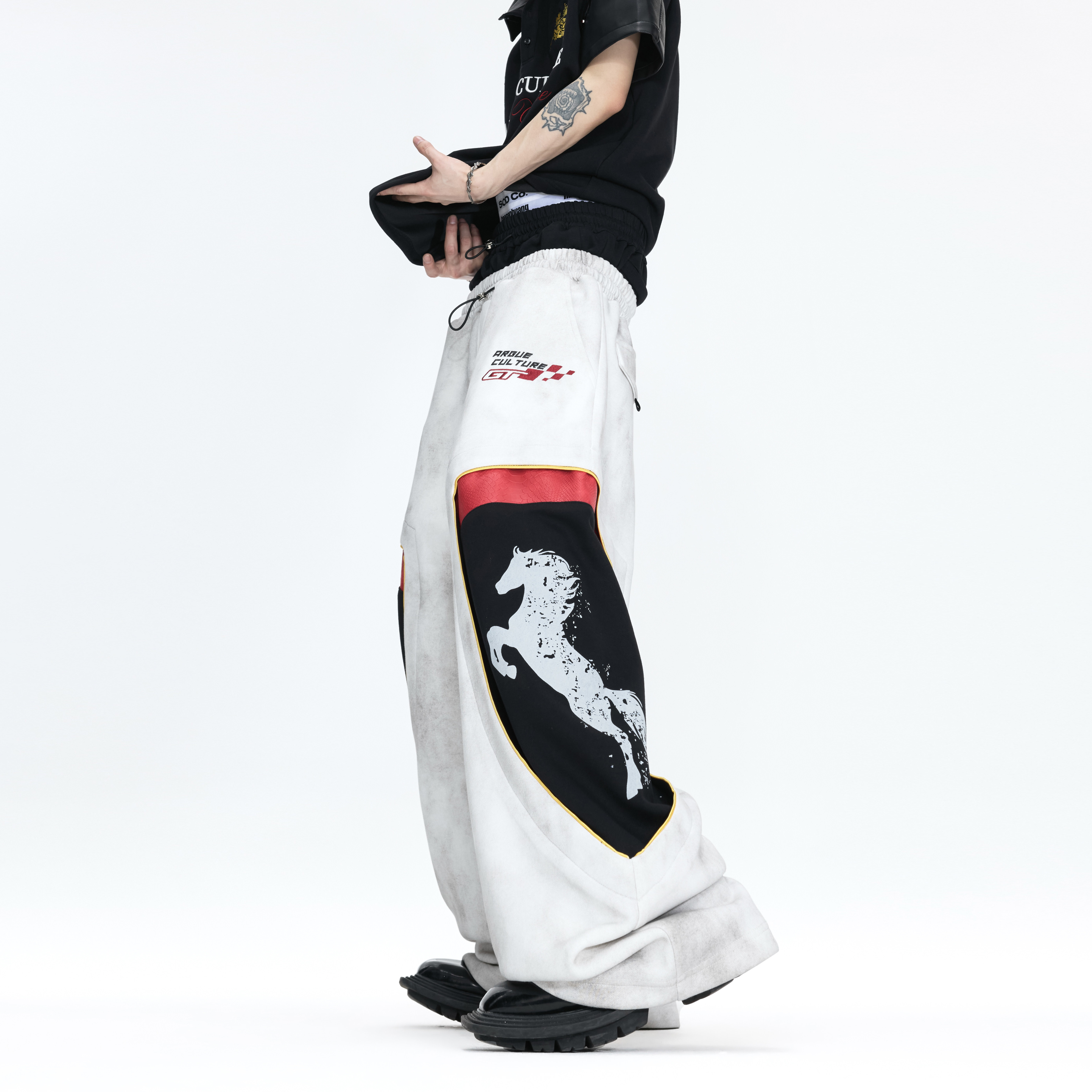 ArguE赤骥*赛车刺绣假两件双腰头卫裤做旧水洗撞色baggy版型长裤