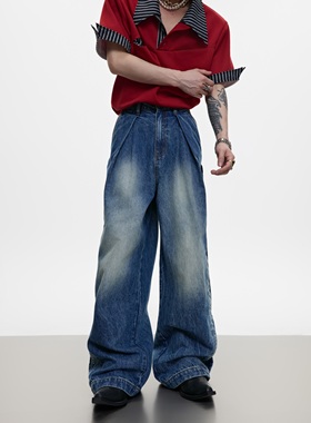 ArguE CulturE重磅水洗渐变刺绣直筒牛仔裤双打褶高腰休闲长裤男