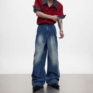 ArguE CulturE重磅水洗渐变刺绣直筒牛仔裤双打褶高腰休闲长裤男