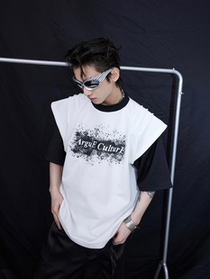 CulturE24ss原创小众解构假两件T恤肌理泼墨印花设计感宽松短袖 男