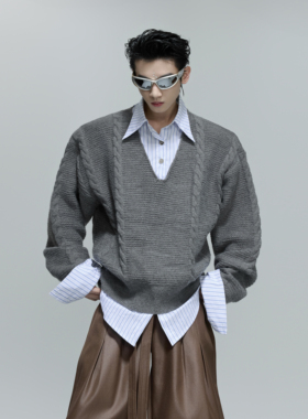 ArguE CulturE松弛漫旅 小众假两件V领毛衣麻花针织慵懒百搭上衣