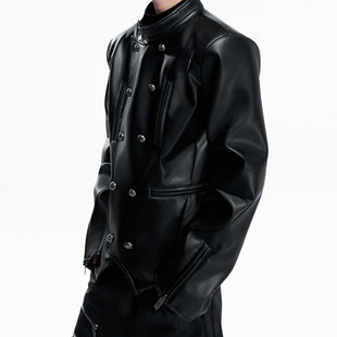 ArguE26SS罪令*拿破仑宫廷双排扣正肩修身皮衣夹克绑带骑士外套