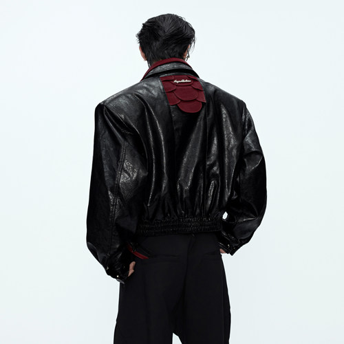 小众光泽感蛇纹皮撞色拼接皮衣