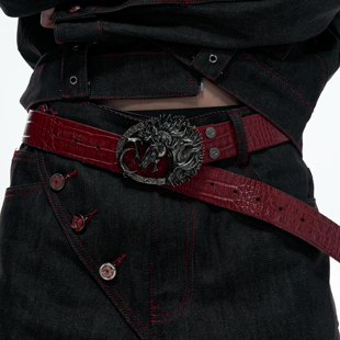 ArguE赤马咆哮头*层牛皮鳄鱼纹做旧马头皮带重工铆钉真皮腰带男女