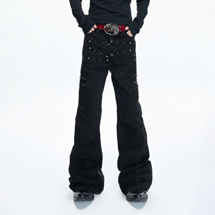 绑带拼接长裤 ArguE26SS黑弧 水洗重磅铆钉破坏显瘦微弯刀牛仔裤