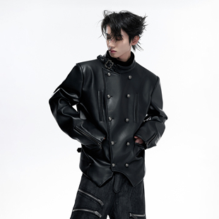 ArguE26SS罪令*拿破仑宫廷双排扣正肩修身皮衣夹克绑带骑士外套
