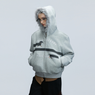 镶钻宽松外套冬 原创复古毛领连帽卫衣开衫 ArguE CulturE腊肠狗