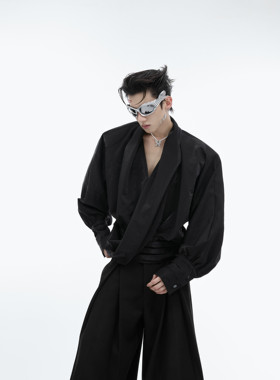 CulturE炽热焦点 液态质感V领设计垫肩衬衫宽松慵懒贵气开衫上衣