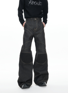 ArguE CulturE手缝针14.5盎司原牛微喇牛仔裤护膝褶皱解构直筒裤