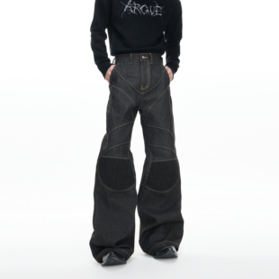 ArguE CulturE手缝针14.5盎司原牛微喇牛仔裤护膝褶皱解构直筒裤