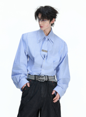 ArguE CulturE菲林假日*条纹收腰垫肩衬衫男双层领带设计宽松衫衣