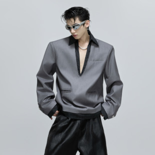 ArguE CulturE小众高智感V领条纹西服外套假两件垫肩廓形夹克秋